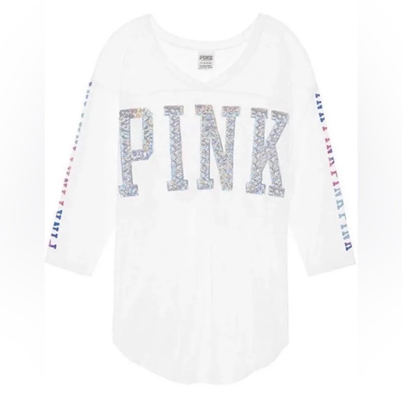 P Victoria’s  Secret Oversized V Neck T-shirt Women’s XS Bling Logo - Picture 3 of 4
